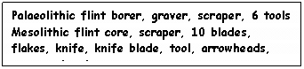 Text Box: Palaeolithic flint borer, graver, scraper, 6 tools
Mesolithic flint core, scraper, 10 blades, flakes, knife, knife blade, tool, arrowheads, axe, axehead,